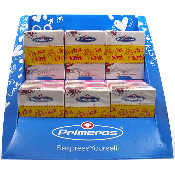 Primeros Classic kondom 12 x 3 kusy + Primeros 3 X-tra Sensitive extra tenké kondomy 12 x 3 kusy display